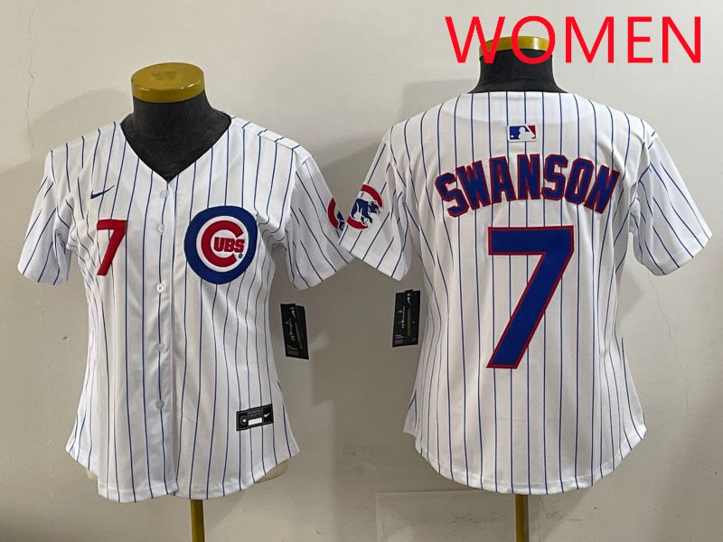 Women 2025 Chicago Cubs #7 Swanson White Stripe Game Nike MLB Jersey style 3